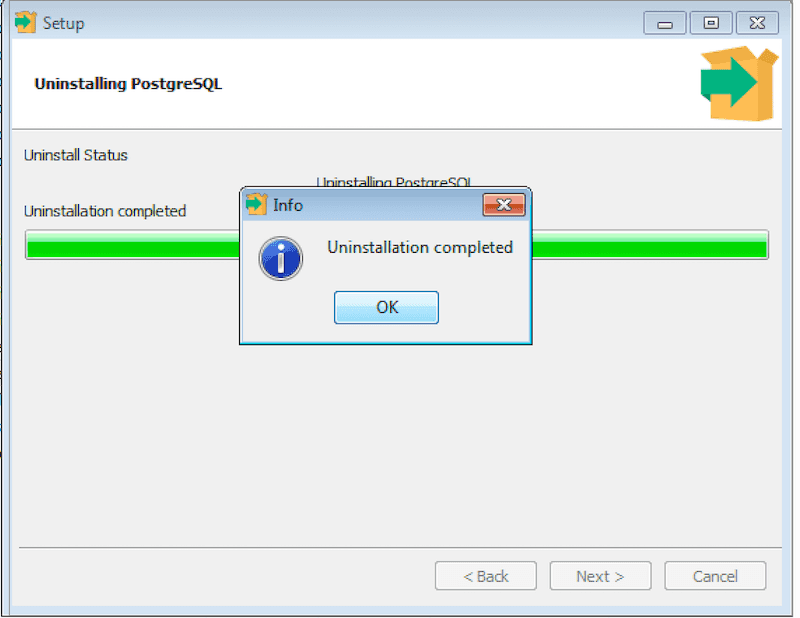 An Info dialog box confirms the uninstallation